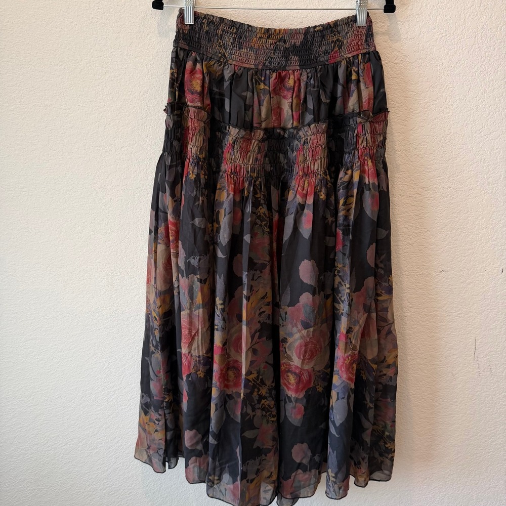 Promesa Floral Smocked Tiered Midi Skirt Black Pink Boho Ruffle Small